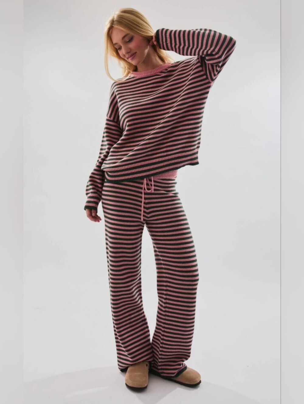 Striped Sweater Lounge Set - Pink & Green